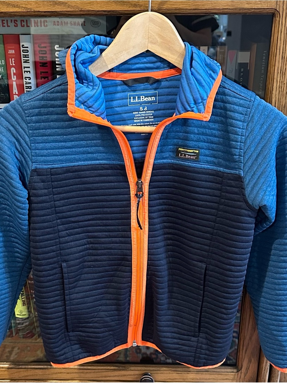 L.L. Bean Kids Colorblock Blue and Navy Quilted Jacket with Orange Trim